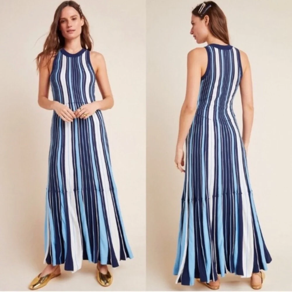 Anthropologie Maeve Lisanne Striped Sweater Maxi Dress Blue White - Picture 8 of 10